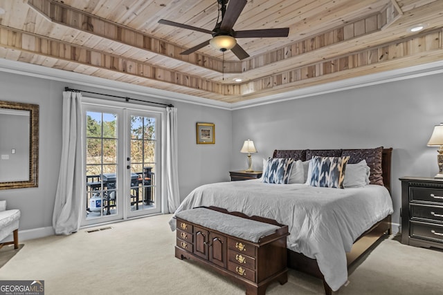 bedroom with access to exterior, ceiling fan, french doors, and wooden ceiling