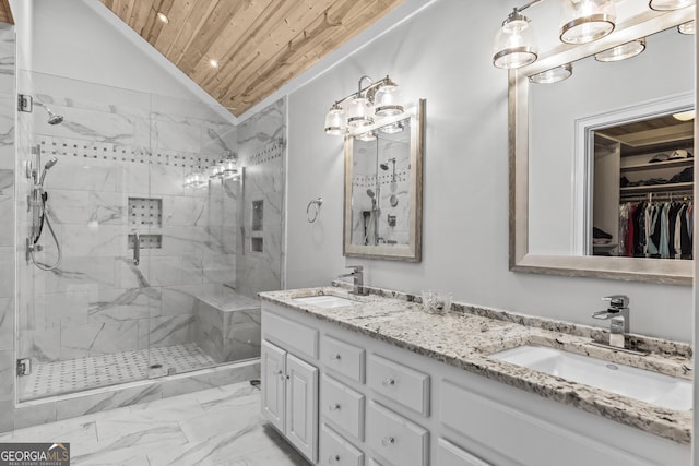 bathroom featuring vanity, vaulted ceiling, walk in shower, and wood ceiling