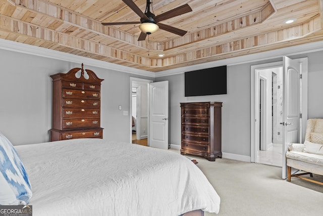 carpeted bedroom with a tray ceiling, ceiling fan, and wooden ceiling