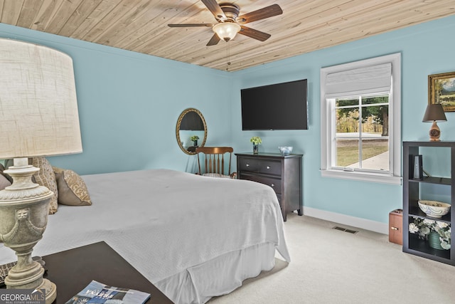 carpeted bedroom with ceiling fan and wooden ceiling