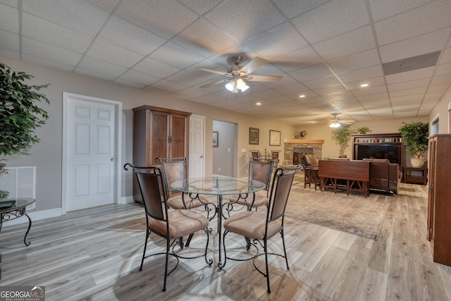 dining room featuring ceiling fan, a paneled ceiling, light hardwood / wood-style floors, and a fireplace