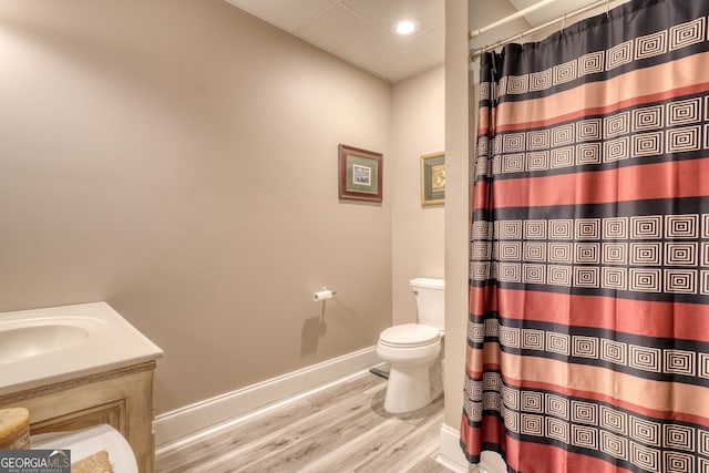 bathroom featuring toilet, wood-type flooring, vanity, and a shower with curtain