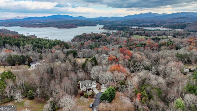 drone / aerial view with a water and mountain view