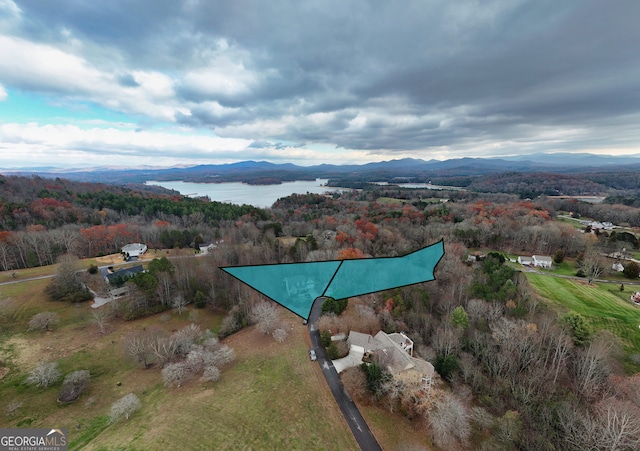 drone / aerial view featuring a water and mountain view