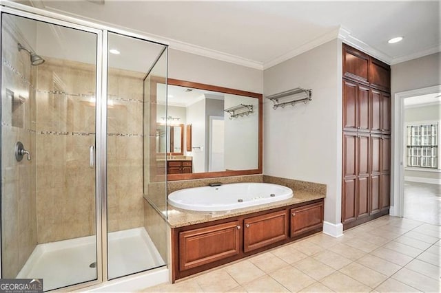 bathroom with shower with separate bathtub, tile patterned floors, and crown molding