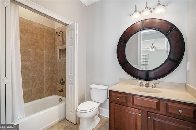 full bathroom featuring vanity, shower / bath combination with curtain, tile patterned flooring, ceiling fan, and toilet