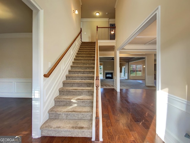 stairs featuring hardwood / wood-style floors, ceiling fan, and crown molding