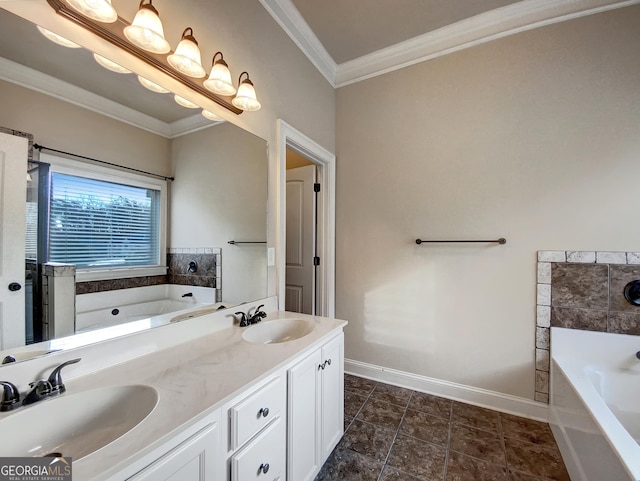 bathroom with tile patterned flooring, vanity, crown molding, and a bath