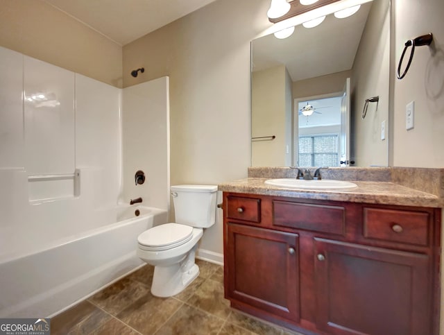 full bathroom featuring tile patterned floors, vanity,  shower combination, ceiling fan, and toilet