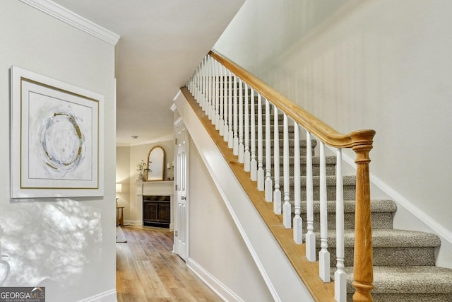 stairway featuring crown molding and hardwood / wood-style flooring