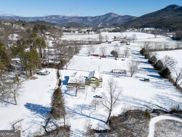 snowy aerial view featuring a mountain view