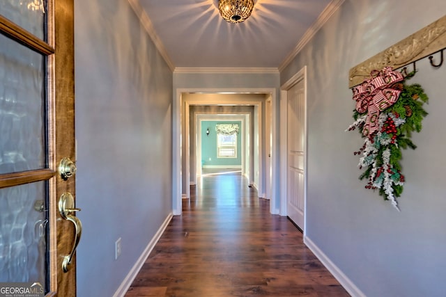 hall with dark hardwood / wood-style flooring and ornamental molding