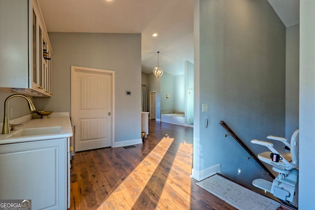 interior space with wood-type flooring, vaulted ceiling, and sink