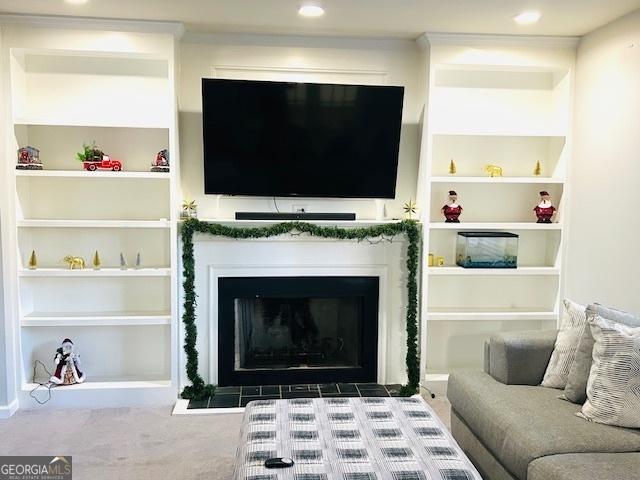 carpeted living room with built in shelves