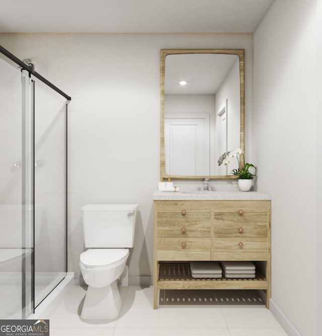 bathroom with tile patterned flooring, vanity, toilet, and a shower with door