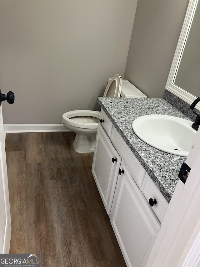 bathroom with vanity, wood-type flooring, and toilet