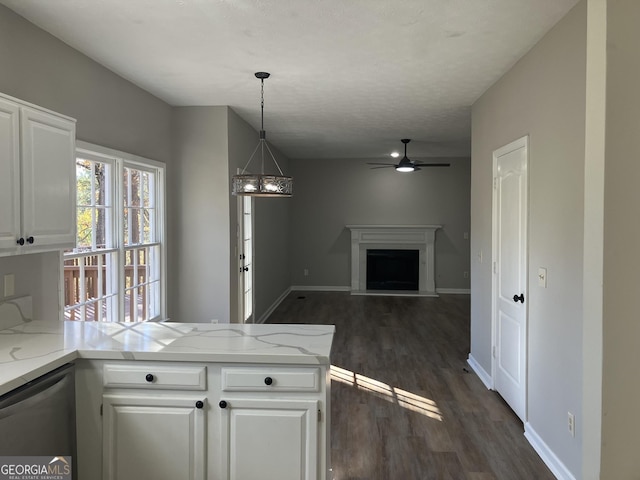 kitchen with white cabinets, hanging light fixtures, stainless steel dishwasher, dark hardwood / wood-style flooring, and kitchen peninsula