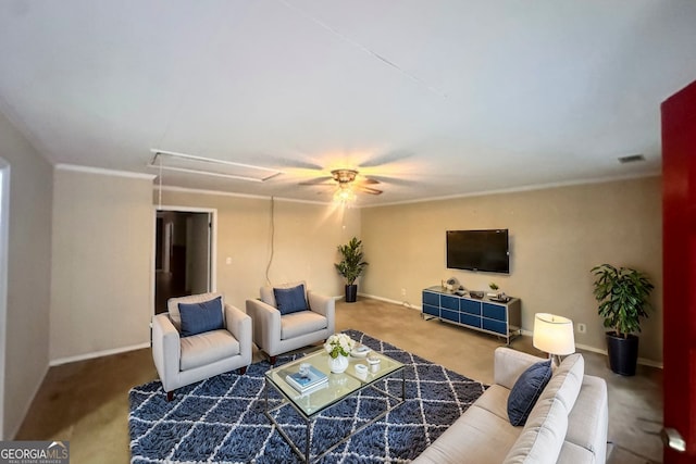 living room featuring carpet floors, visible vents, and baseboards