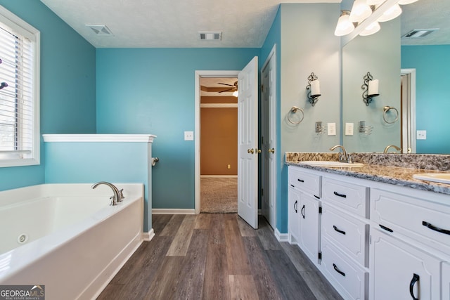 bathroom with vanity, a wealth of natural light, ceiling fan, and wood-type flooring