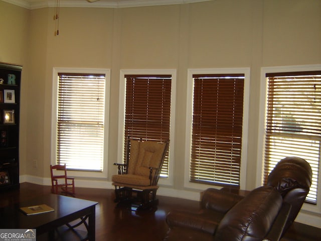 living room with ornamental molding and a towering ceiling