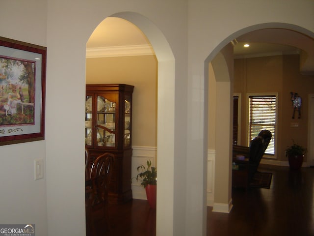 corridor featuring dark hardwood / wood-style flooring and crown molding