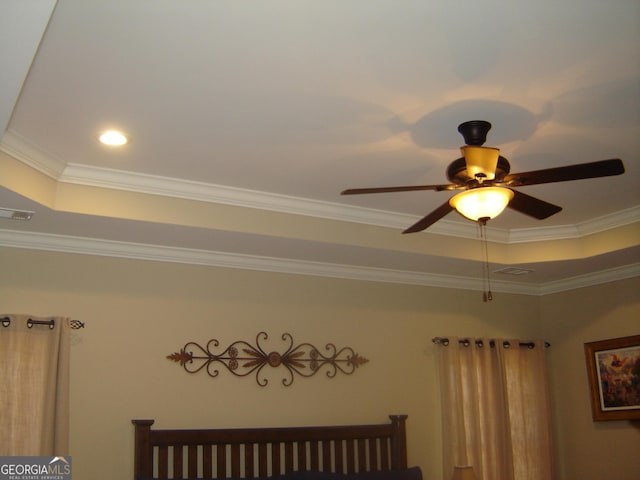 room details with a raised ceiling, ceiling fan, and ornamental molding