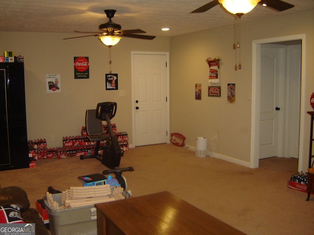 interior space featuring carpet, ceiling fan, and a textured ceiling