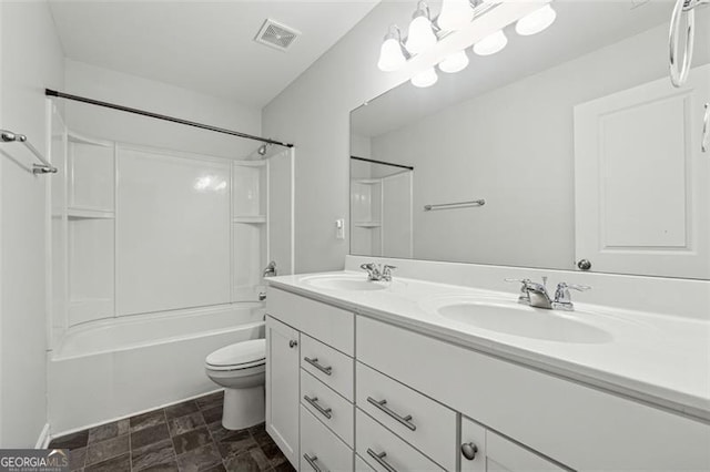 full bathroom featuring vanity, toilet, and tub / shower combination