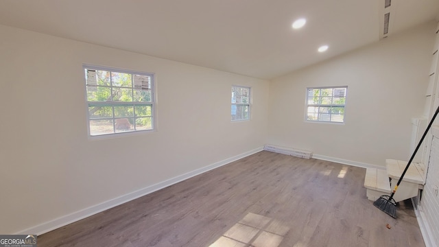 empty room featuring lofted ceiling, light wood-type flooring, and a wealth of natural light