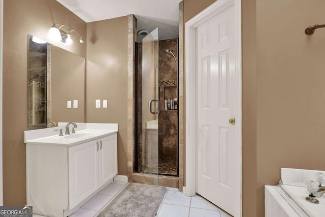 full bathroom with vanity, a shower stall, and tile patterned floors