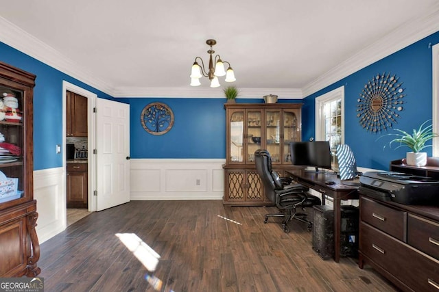 home office featuring a wainscoted wall, dark wood-type flooring, an inviting chandelier, and crown molding