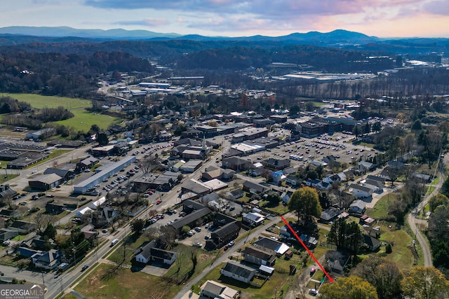 drone / aerial view featuring a mountain view