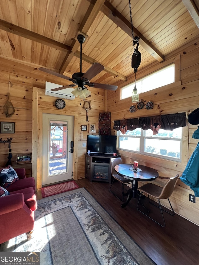 living room featuring ceiling fan, dark wood-type flooring, wooden ceiling, a wall mounted AC, and wood walls