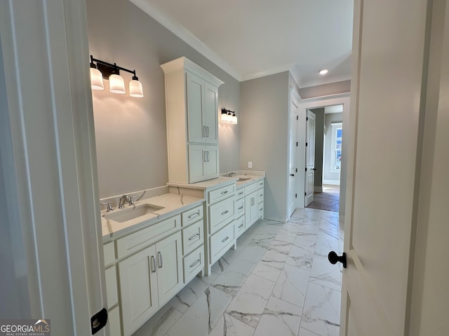 bathroom with vanity and crown molding