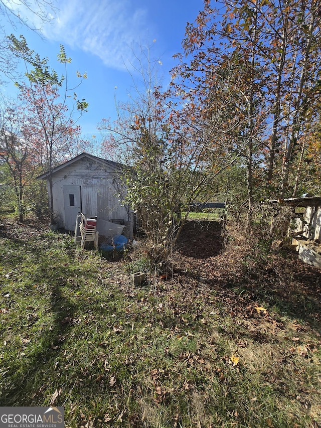 view of yard featuring a storage unit