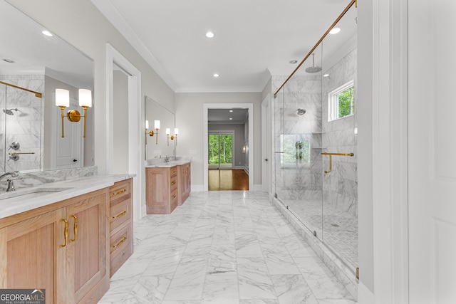 full bathroom featuring recessed lighting, a sink, marble finish floor, and a stall shower