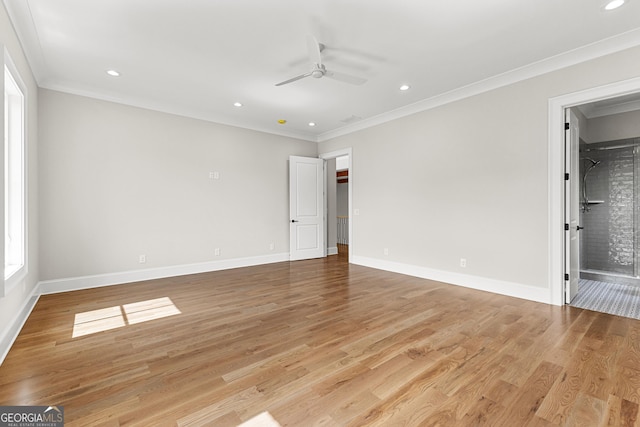 unfurnished bedroom featuring crown molding, recessed lighting, and light wood-style flooring