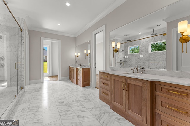 full bathroom featuring a shower stall, vanity, marble finish floor, ornamental molding, and recessed lighting