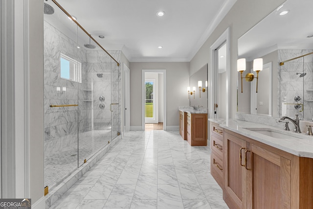 bathroom featuring two vanities, a sink, marble finish floor, and a stall shower