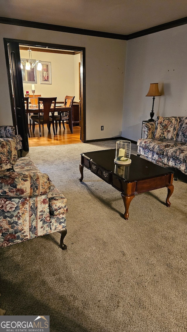 living room with ornamental molding and light carpet