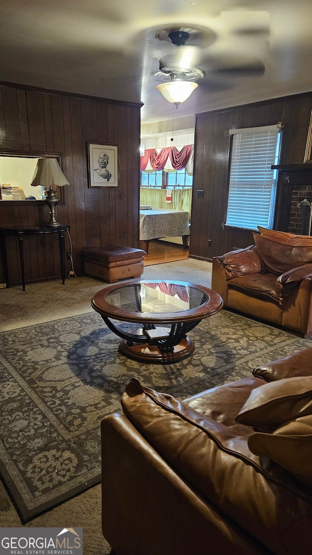 living room with wooden walls