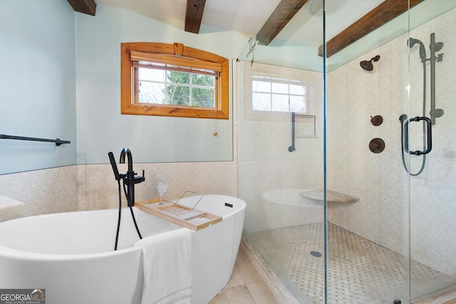 bathroom featuring tile patterned flooring, beam ceiling, tile walls, and independent shower and bath