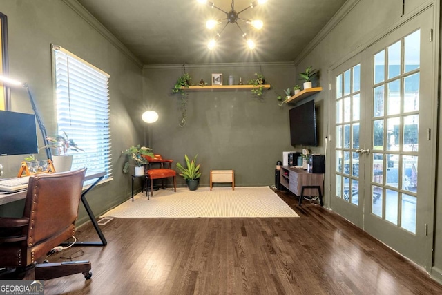 office area with french doors, dark hardwood / wood-style floors, and ornamental molding