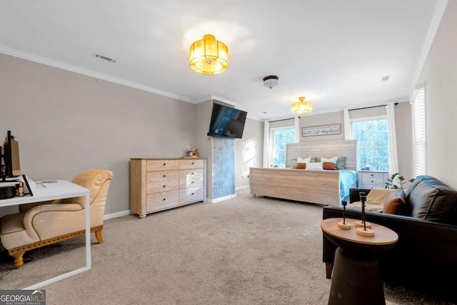 carpeted bedroom with crown molding