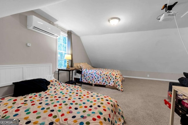 bedroom with carpet flooring, vaulted ceiling, and an AC wall unit