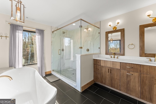 bathroom with vanity, separate shower and tub, and tile patterned flooring