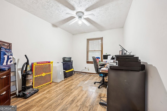 office area featuring a textured ceiling, light hardwood / wood-style floors, and ceiling fan