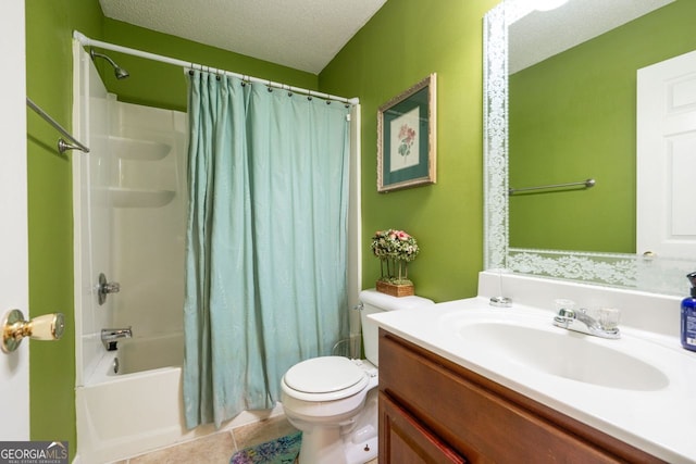 full bathroom with vanity, tile patterned floors, toilet, a textured ceiling, and shower / tub combo with curtain