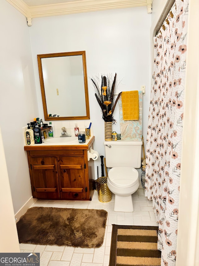 bathroom with a shower with shower curtain, tile patterned floors, vanity, crown molding, and toilet