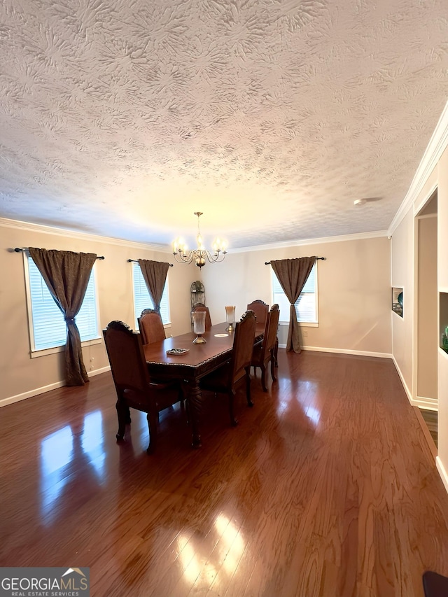 unfurnished dining area with an inviting chandelier, a wealth of natural light, and dark wood-type flooring